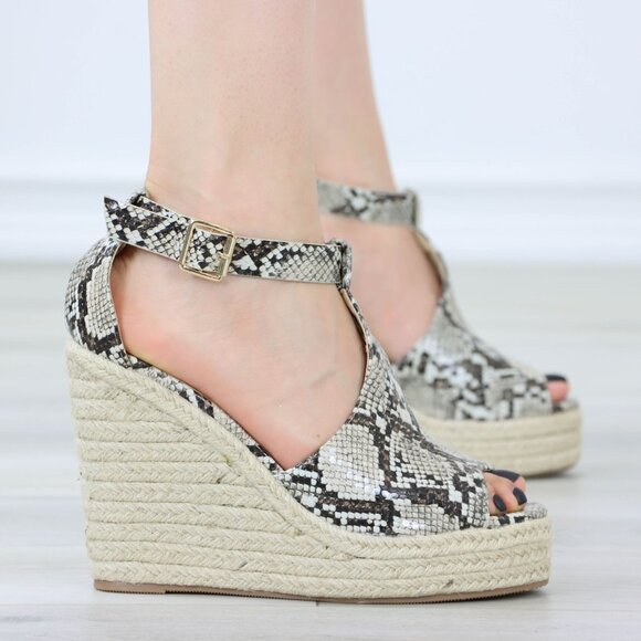 Snake Print Platform Espadrille Wedge Heel Sandals Adjustable Ankle Strap - Picture 3 of 11